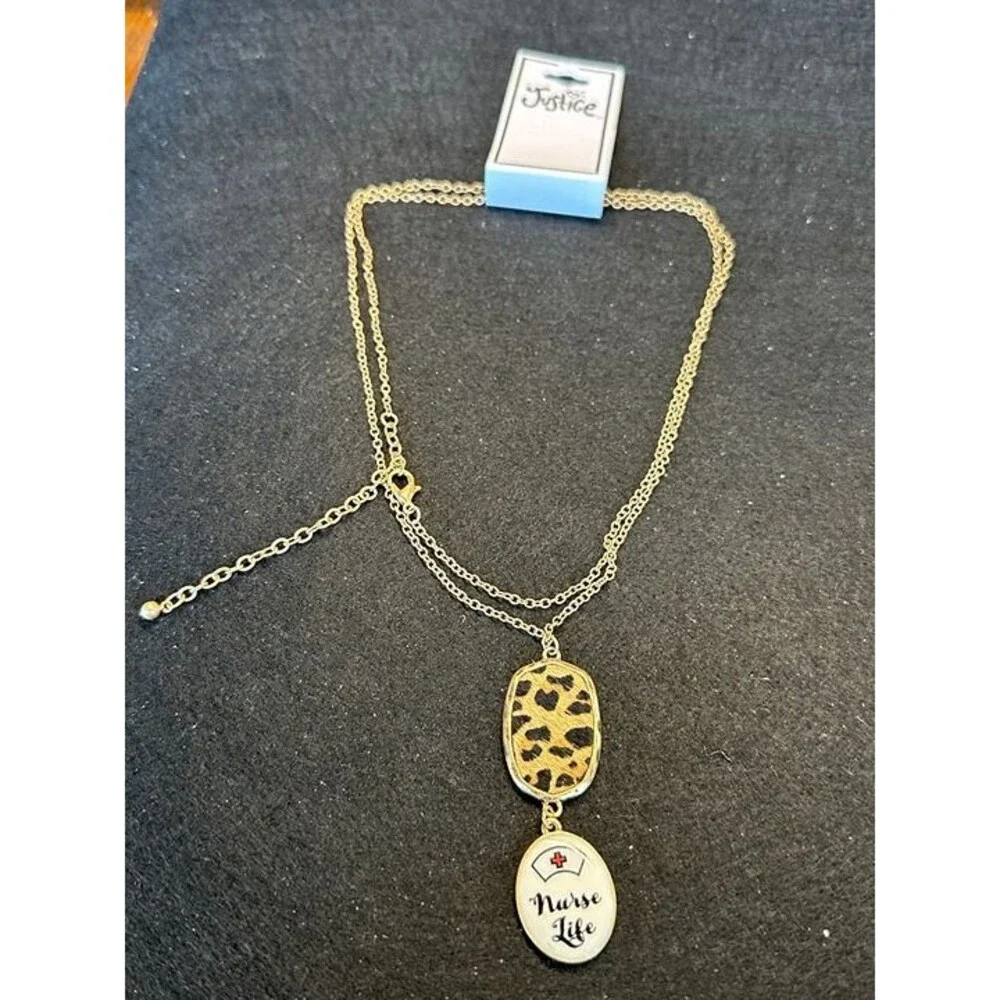 Justice Gold Nurse Life Leopard Print Double Chain Pendant Necklace NWT New